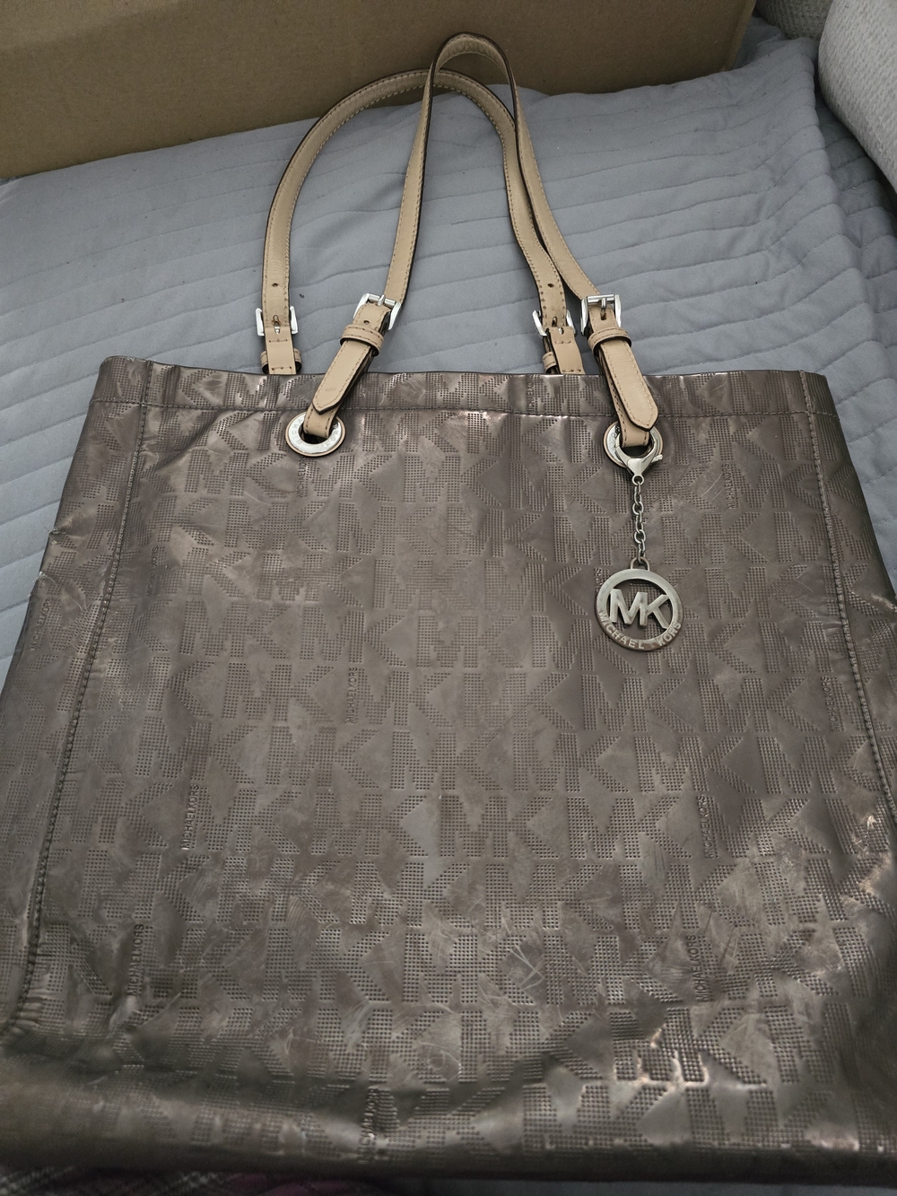 Michael Kors Metallic Taupe MK Logo Tote with Beige Straps